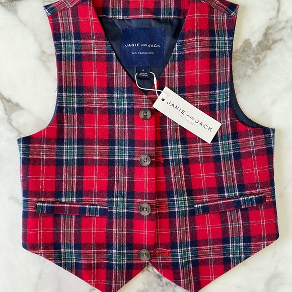 Janie and Jack Red Plaid Button Down Shirt with Vest - Picture 5 of 9